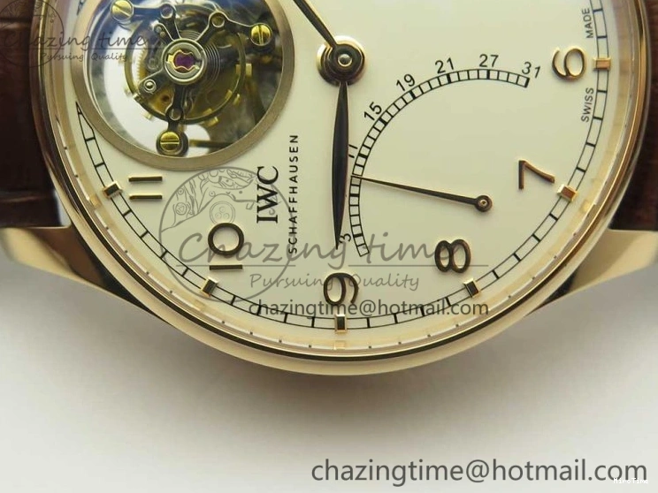 MIROTIME 0211 Portuguese Tourbillon IW504602 RG ZF Best Edition White Dial on Brown Leather Strap Stretchable 7178